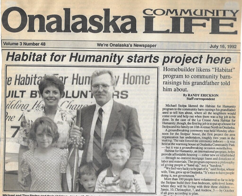 Onalaska Community Life article covering the groundbreaking ceremony at 1121 10th Ave N, July 1992